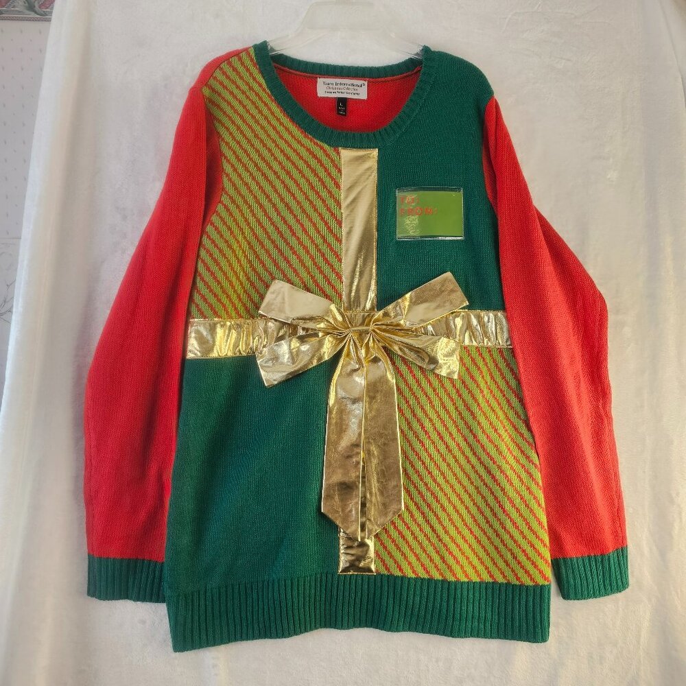 Tiara International Ugly Christmas Sweater Bow Present Green Red Size L Pullover